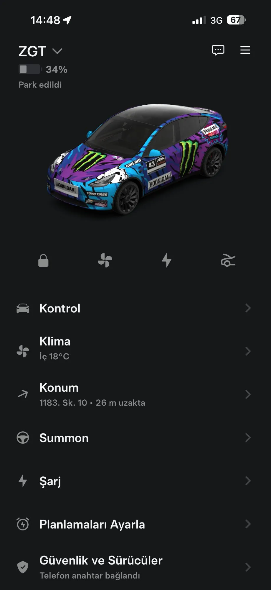 Tesla mobil uygulamasında Hoonigan kaplamalı araç - ana menü görünümü